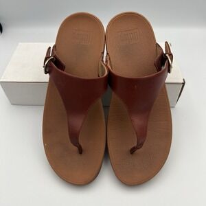 FitFlop Lulu 188592 Tan Brown Leather Thong Wedge Toe Post Sandals Wms 8US‎ 39EU